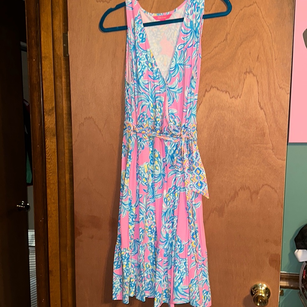 Lilly Pulitzer wrap midi dress pink blue pineapple pattern large